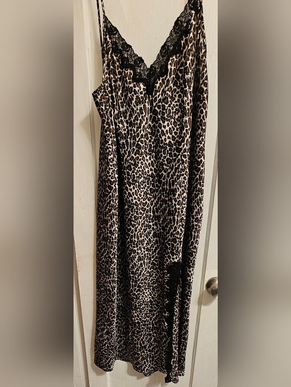 Leopard Print Satin Slip Nightgown with Black Lace Trim